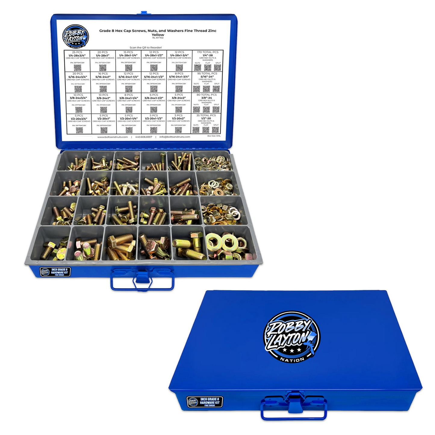 Inch Grade 8 Fine Thread Hex Bolt, Nut & Washer Assortment - 595 Piece